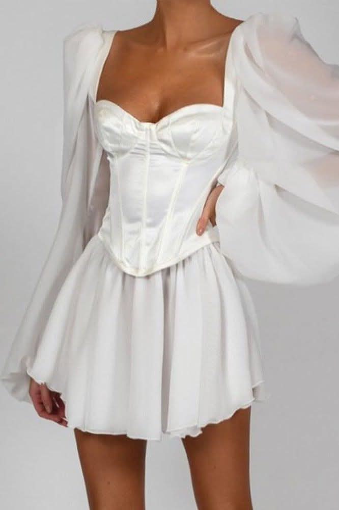 Lantern sleeve slim chiffon dress - Front View