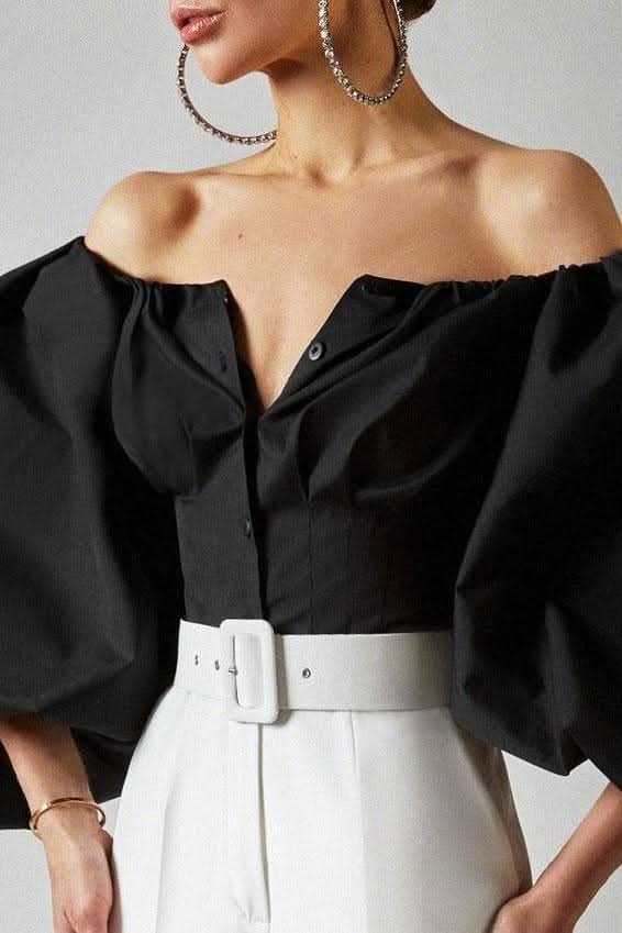 Long-sleeved bubble sleeves leaking shoulder shirt - Image 8