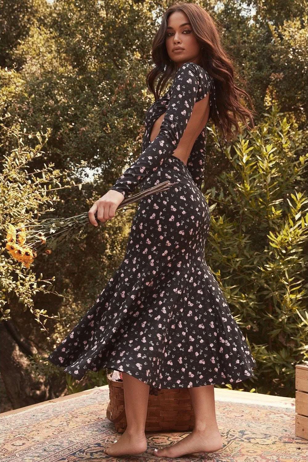 Floral halter slim long-sleeved dress - Front View