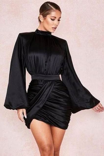 Black high collar lantern sleeve pleated dress - Front View