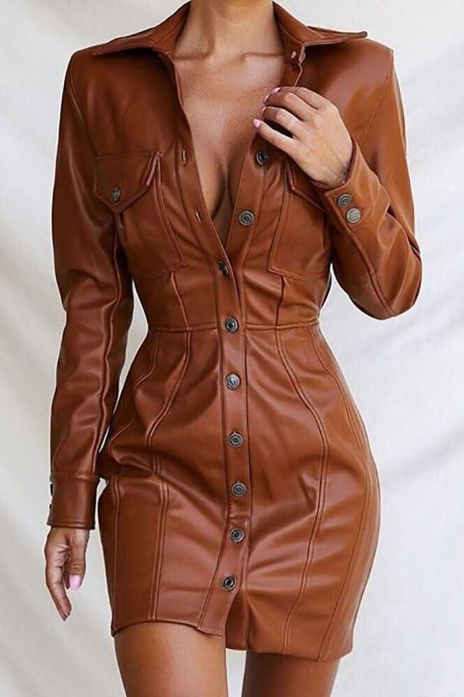 Leather Button Dress Khaki Faux Leather Button Down Shirt Dress Dresses PLT UAE Leather Button Dress Khaki Faux Leather Button Down Shirt Dress Dresses PLT UAE