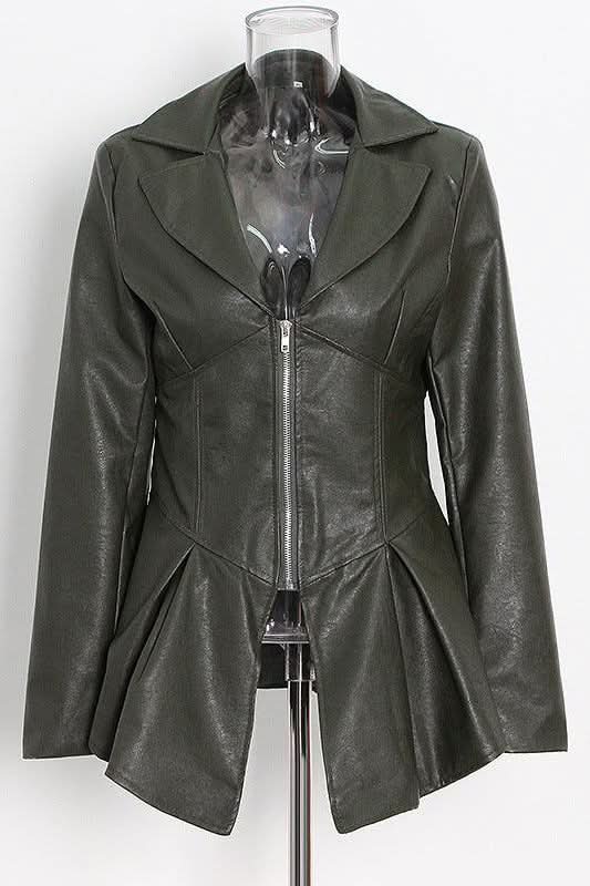 Ruffle trim motorcycle PU leather jacket - Side View