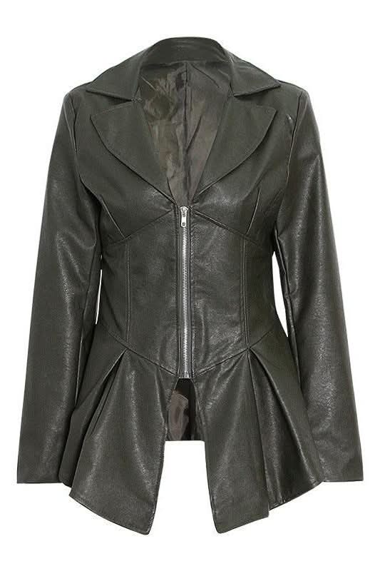 Ruffle Trim Motorcycle PU Leather Jacket