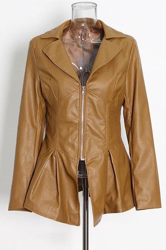 Ruffle trim motorcycle PU leather jacket.