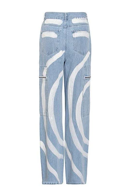 Street style casual stripes stitching loose jeans - Side View