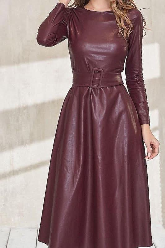 Simple round neck slim PU leather belt dress - Image 8