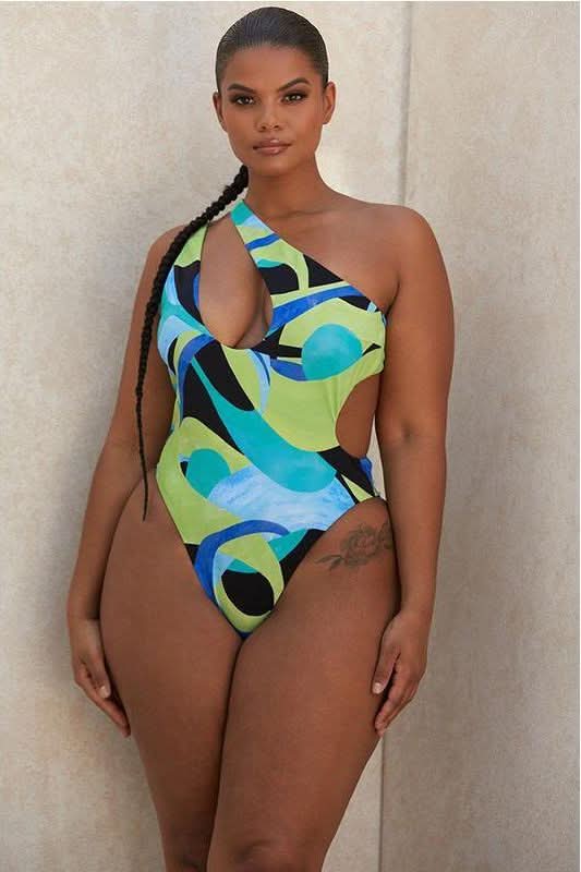 irregular print swimsuit.