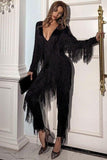 Retro Deep V Long-Sleeved Tassel Elegant Jumpsuit