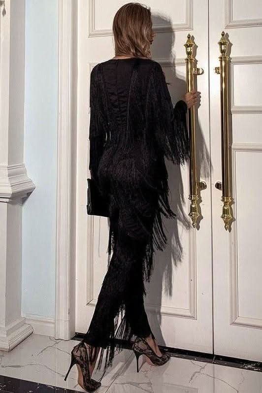 Retro deep V long-sleeved tassel elegant jumpsuit - Image 6