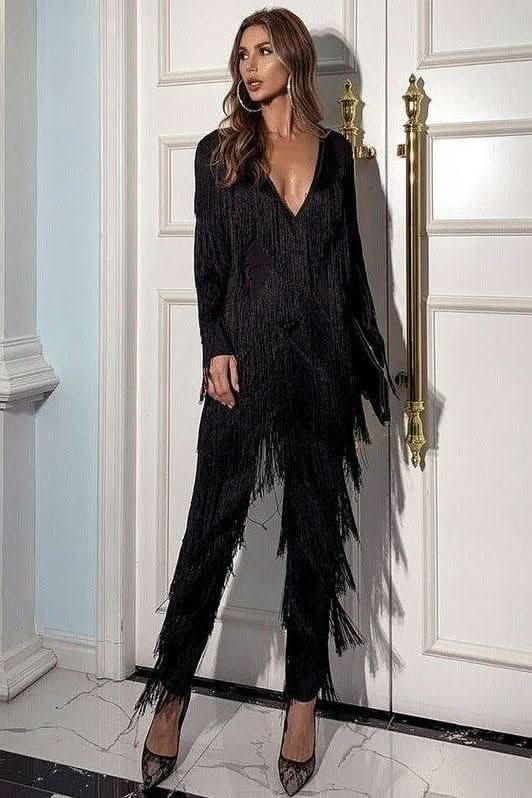 Retro deep V long-sleeved tassel elegant jumpsuit - Detail
