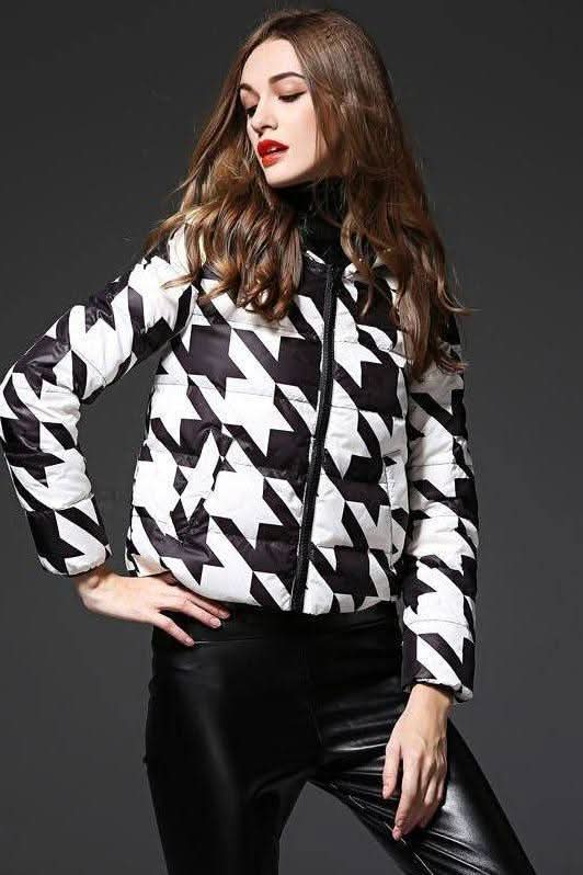 houndstooth print white duck down jacket.