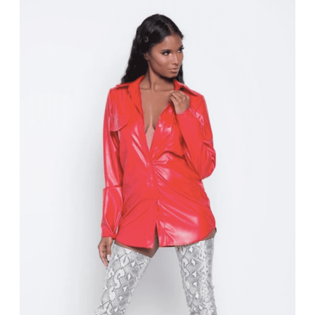 PU leather long sleeve blouse.