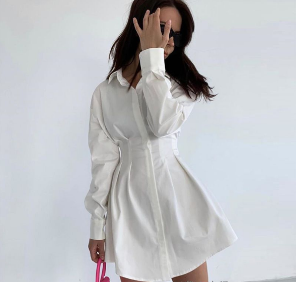 white belted tie shirt long sleeve dress - The Woman Concept
