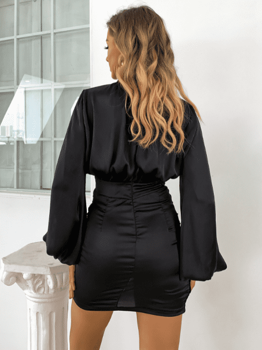 black high collar lantern sleeve pleated dress - The Woman Concept