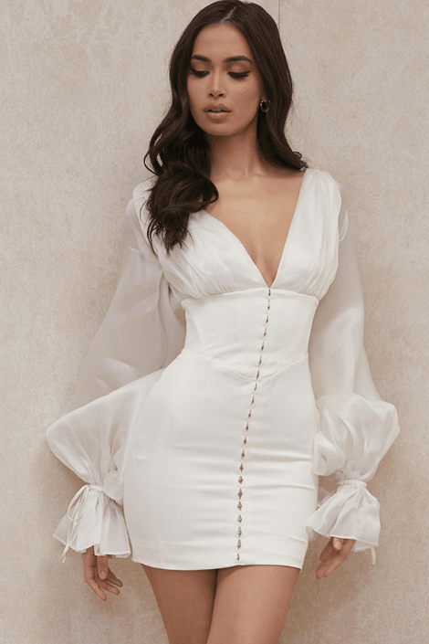 Lantern sleeves deep V waist white slim dress - The Woman Concept