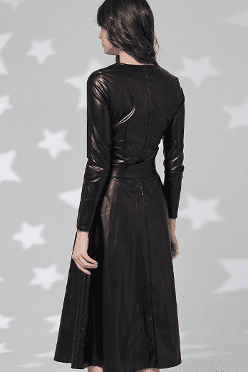 Simple round neck slim PU leather belt dress.