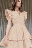 Hollow cake skirt U-neck lotus leaf sleeves cotton dress.