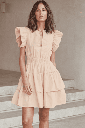 Hollow cake skirt U-neck lotus leaf sleeves cotton dress.