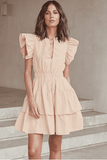 Hollow cake skirt U-neck lotus leaf sleeves cotton dress.