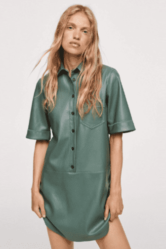 PU leather short-sleeved green mini dress.