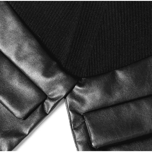 Irregular stitching knitted leather round neck slim sweater.