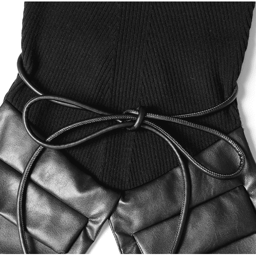 Irregular stitching knitted leather round neck slim sweater.