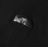 Irregular stitching knitted leather round neck slim sweater.