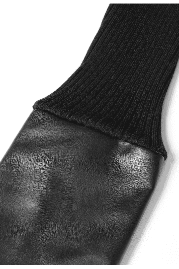 Irregular stitching knitted leather round neck slim sweater.