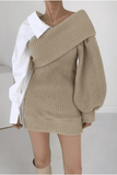 Knitted stitching fake two-piece slanted shoulder dress.