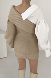 Knitted stitching fake two-piece slanted shoulder dress.