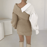 Knitted stitching fake two-piece slanted shoulder dress.