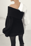 Knitted stitching fake two-piece slanted shoulder dress.