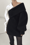 Knitted stitching fake two-piece slanted shoulder dress.