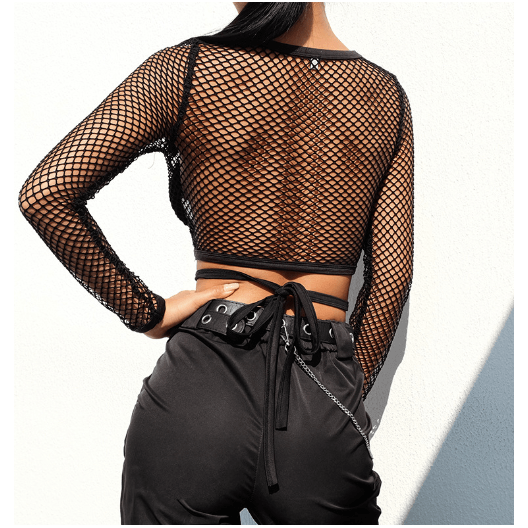 Hollow straps mesh T-shirt - The Woman Concept