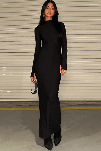long sleeves simple slit dress - The Woman Concept