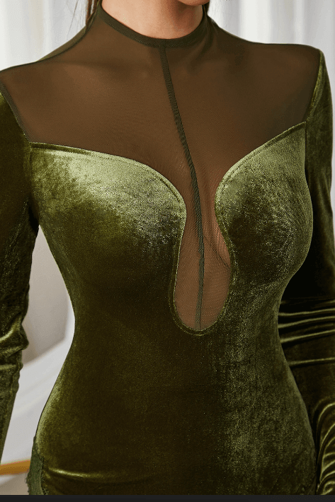 Velvet splicing mesh slim long-sleeved dress - The Woman Concept