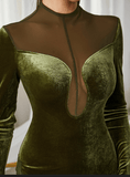 Velvet splicing mesh slim long-sleeved dress - The Woman Concept