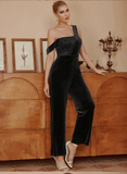 Retro one-shoulder velvet stitching lace wide-leg waist jumpsuit - The Woman Concept