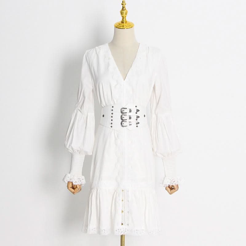 Puff Sleeve Ruffled Waist V Neck Dress - Side View