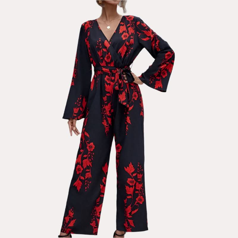 Floral Print Belted Wide Leg Jumpsuit - Front View