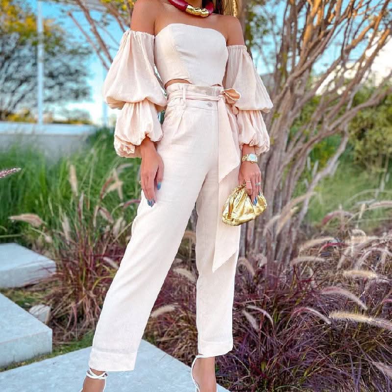 Cotton and linen one-shoulder casual suit - Front View