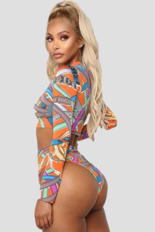 Front Zipper Long Sleeve Printed Set Swimwear.
