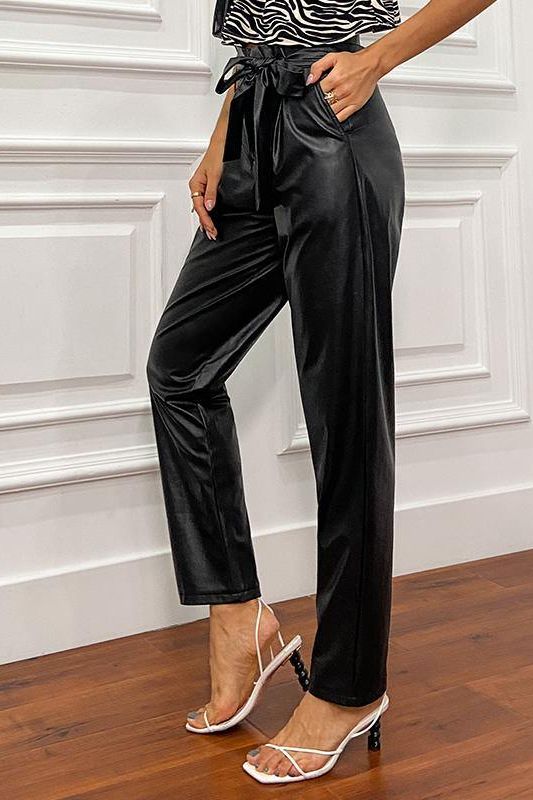 Paperbag Waist Belted Pu Leather Pants.
