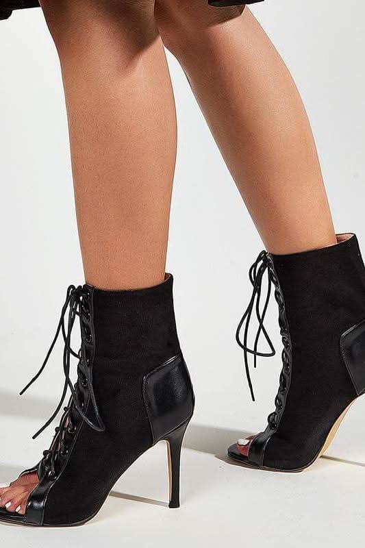 Lace-Up Stiletto Heels Black Boots.