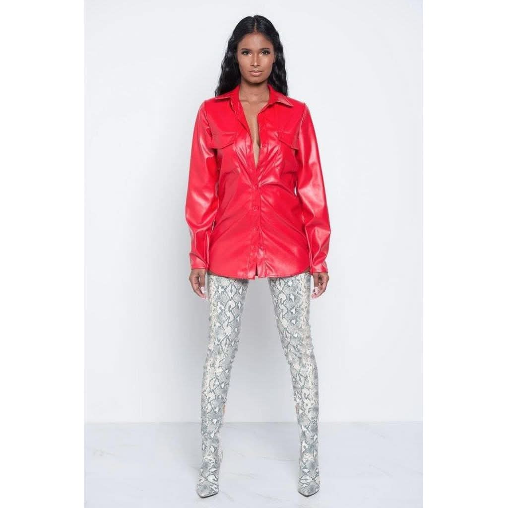 PU leather long sleeve blouse.