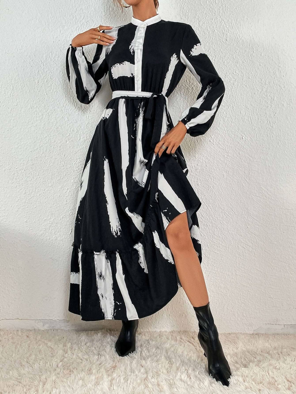 Ruffle Hem Belted Casual Dress - Side View