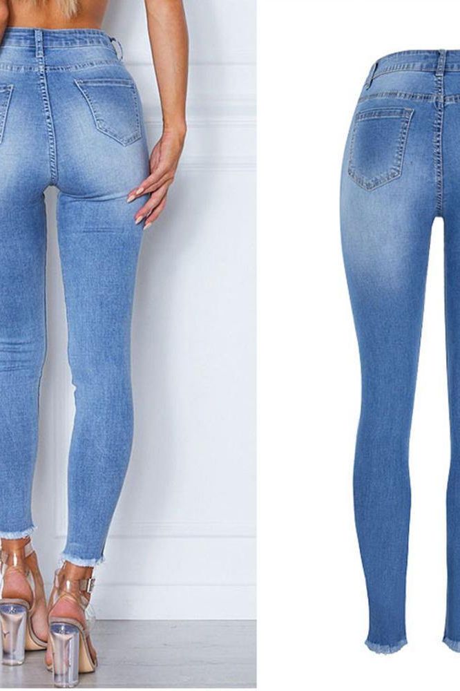 Elastic Ripped Cutout Cuff Washed Jeans - The Woman Concept