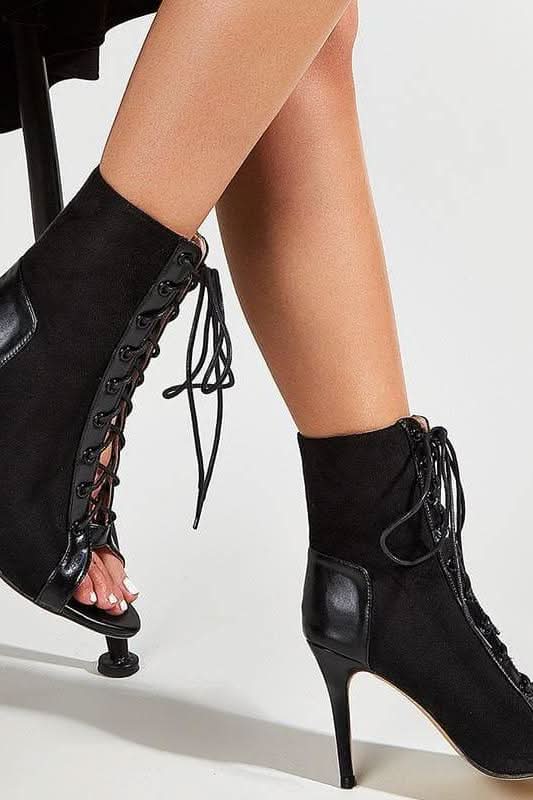 Lace-Up Stiletto Heels Black Boots.