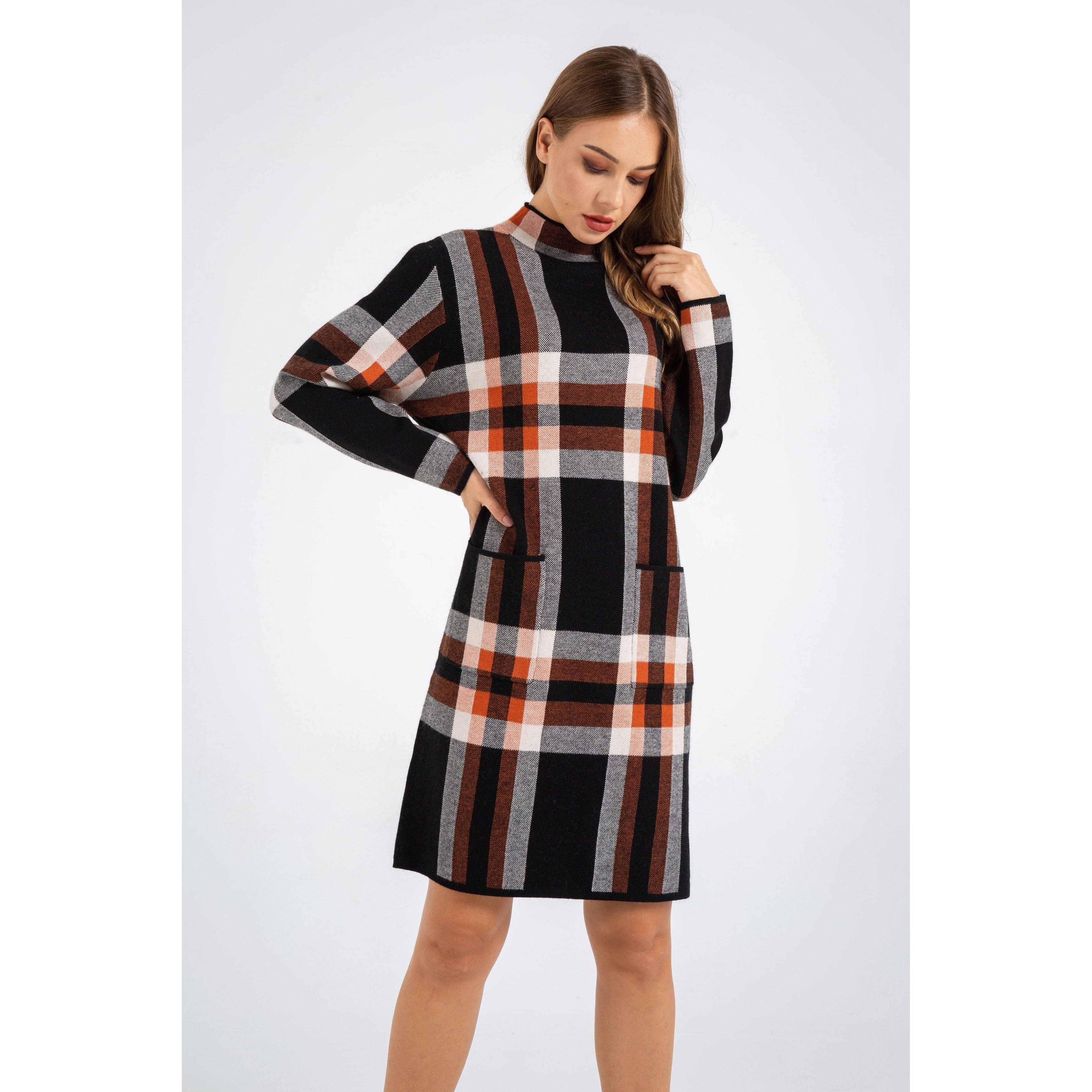 Long Sleeve Turtleneck Plaid Pullover Sweater Dress - The Woman Concept
