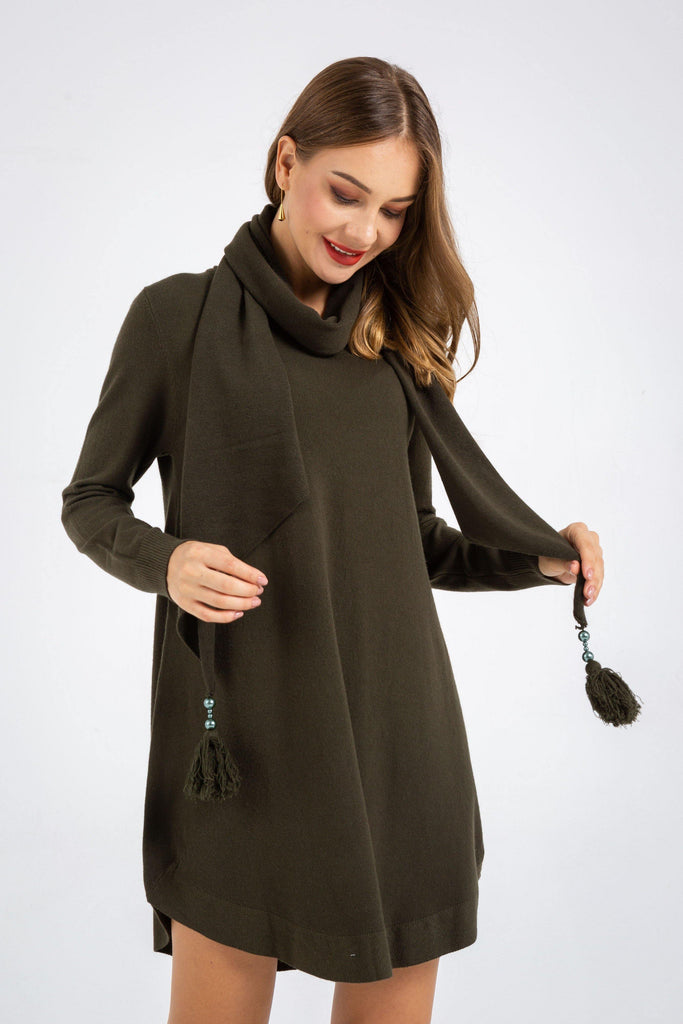 Long Sleeve Sweater Dress and Scarf - The Woman Concept
